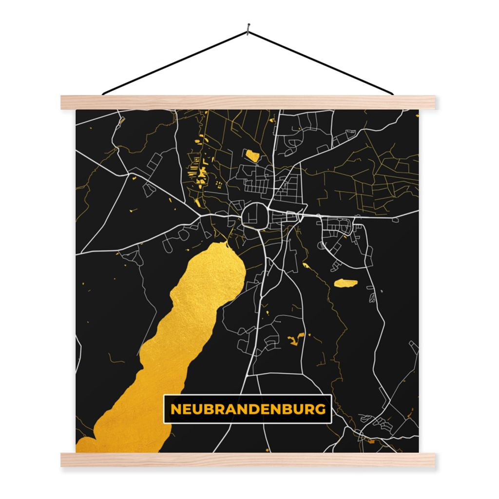 MuchoWow Textilposter Neubrandenburg - Gold - Karte - Stadtplan - Deutschland 120x120 cm mit holzfarbenen Rahmen - Textil-Poster