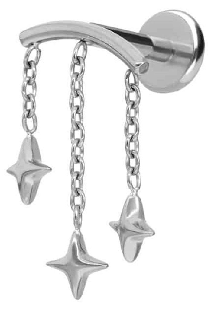 Ohrpiercing, Nasenpiercing Titan Labret mit Push Fit BOGEN + 3 STERNE Silber Stablänge: 8mm | Stabstärke: 1mm