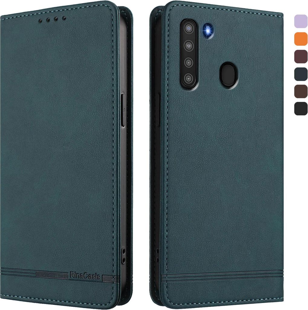 Hülle für Samsung Galaxy A21, Retro Kunstleder Ständer Klapphülle mit Kartenfächer und Magnetische Grün