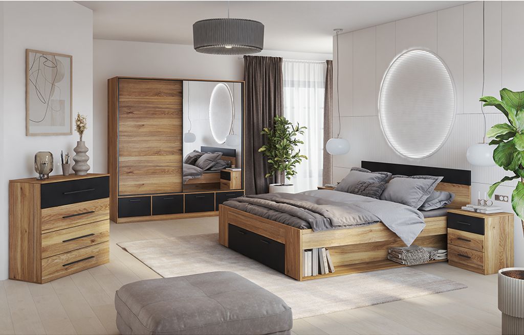 Schlafzimmer Komplett-Set mit Schwebetürenschrank und Bett 160x200 cm, Eiche mit schwarz, 5-teilig - BIRMINGHAM-83