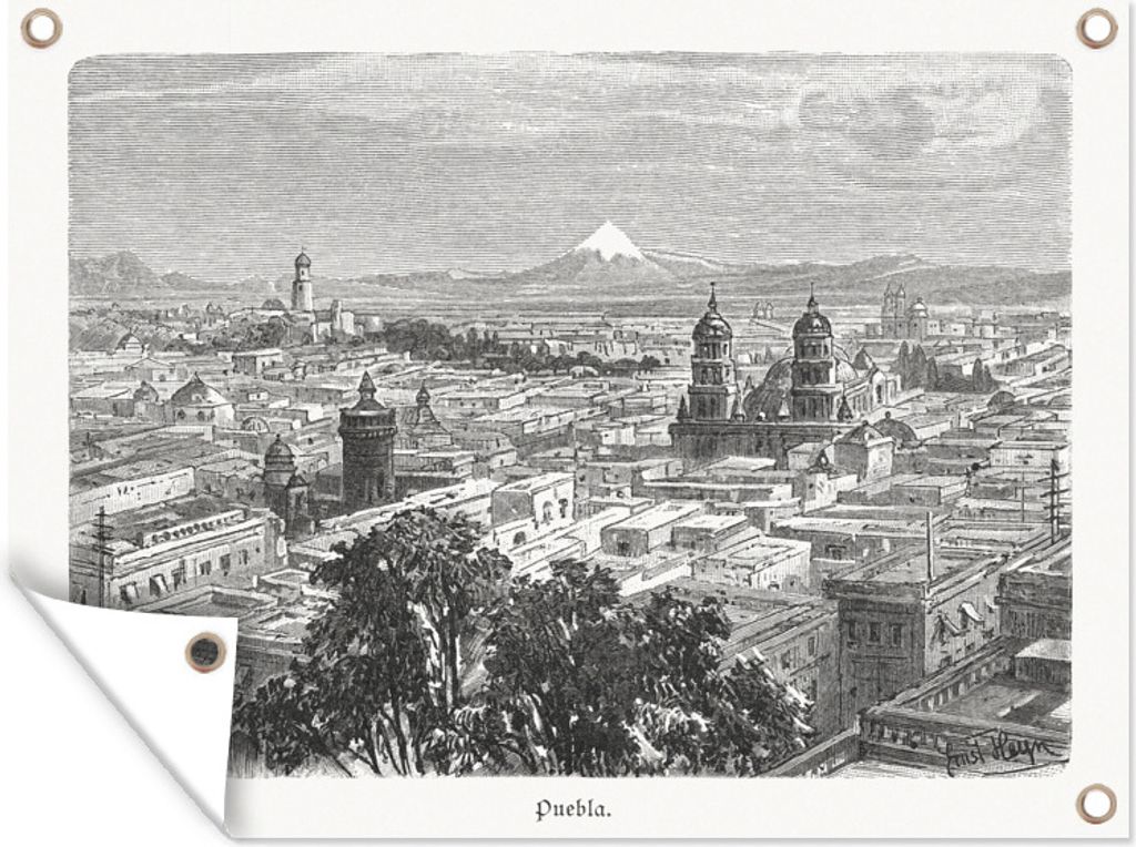 MuchoWow 80x60 cm Outdoor-Poster Gartendeko Sichtschutz Garten Poster für den Garten Eine historische Ansicht von Puebla Mexiko