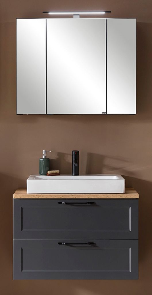 Waschtischset mit Keramik-Aufsatzbecken in dunkelgrau MARLING-03, B/H/T ca. 80/200/47 cm
