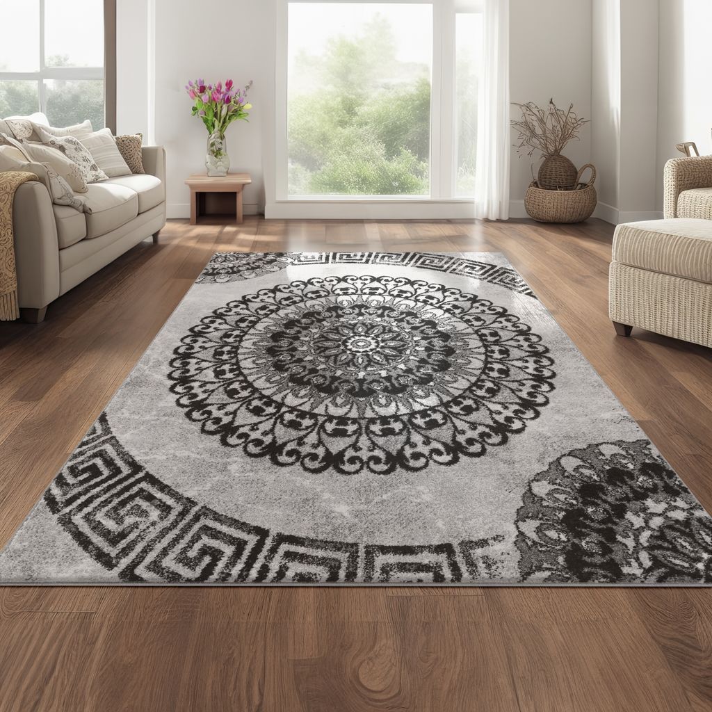 Teppich Klassisch Gemustert Kreis Ornamente in Grau Schwarz Meliert Grösse 80x300 cm