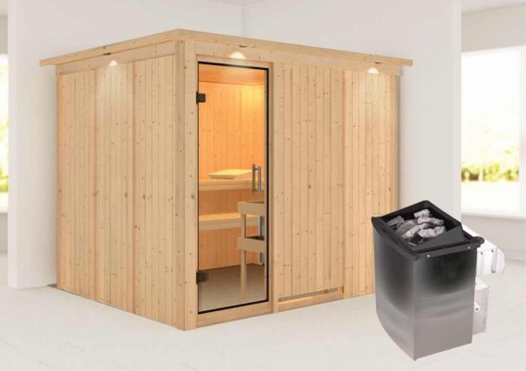 Karibu Sauna Innensauna Gobin Fronteinstieg Ofen 9 kW integr. Strg 245x210x202 cm mit Dachkranz mit Klarglastür