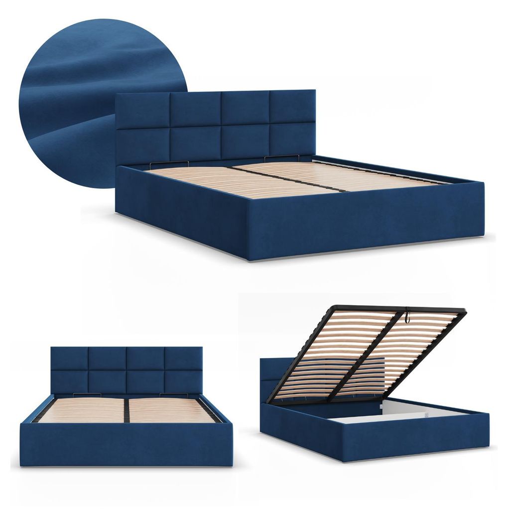 Doppelbett BORGO 180x200 Polsterbett mit Bettkasten & hochklappbarem Metall-Lattenrost, Stauraumbett Blau Samt