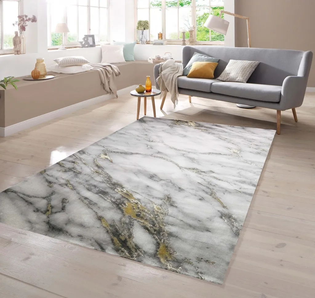 Tapis aspect marbré crème gris et or 200 x 290 cm - Collection Elégance