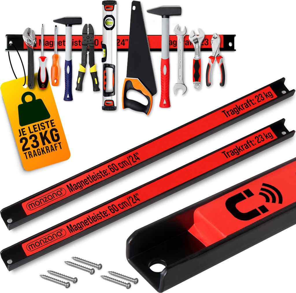 DEUBA 2x Magnetleiste 60cm 23kg Tragkraft Magnetisch Werkzeugleiste Werkzeughalter Werkzeugwand Werkstatt Werkzeug Organizer inkl. Montagematerial