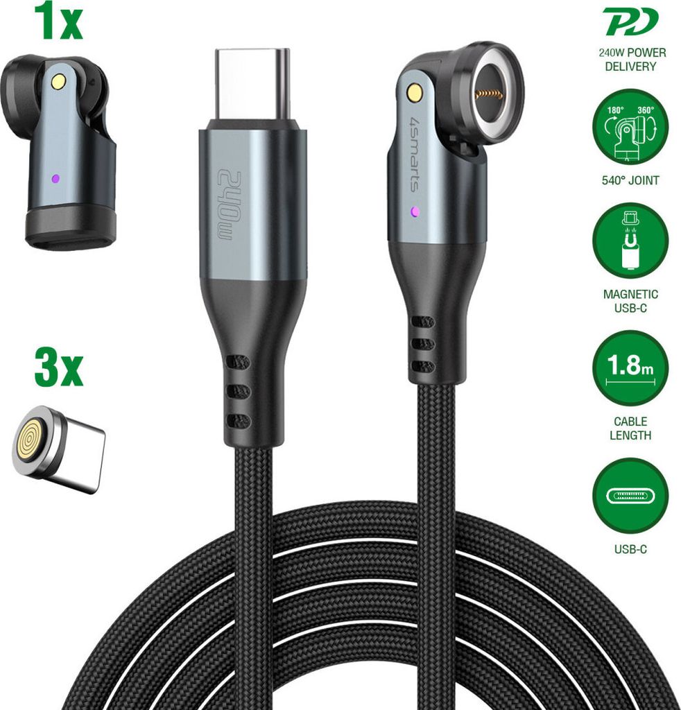 4smarts USB-C 540 Magnetkabel-Set GravityCord 240W 1.8m (541237)