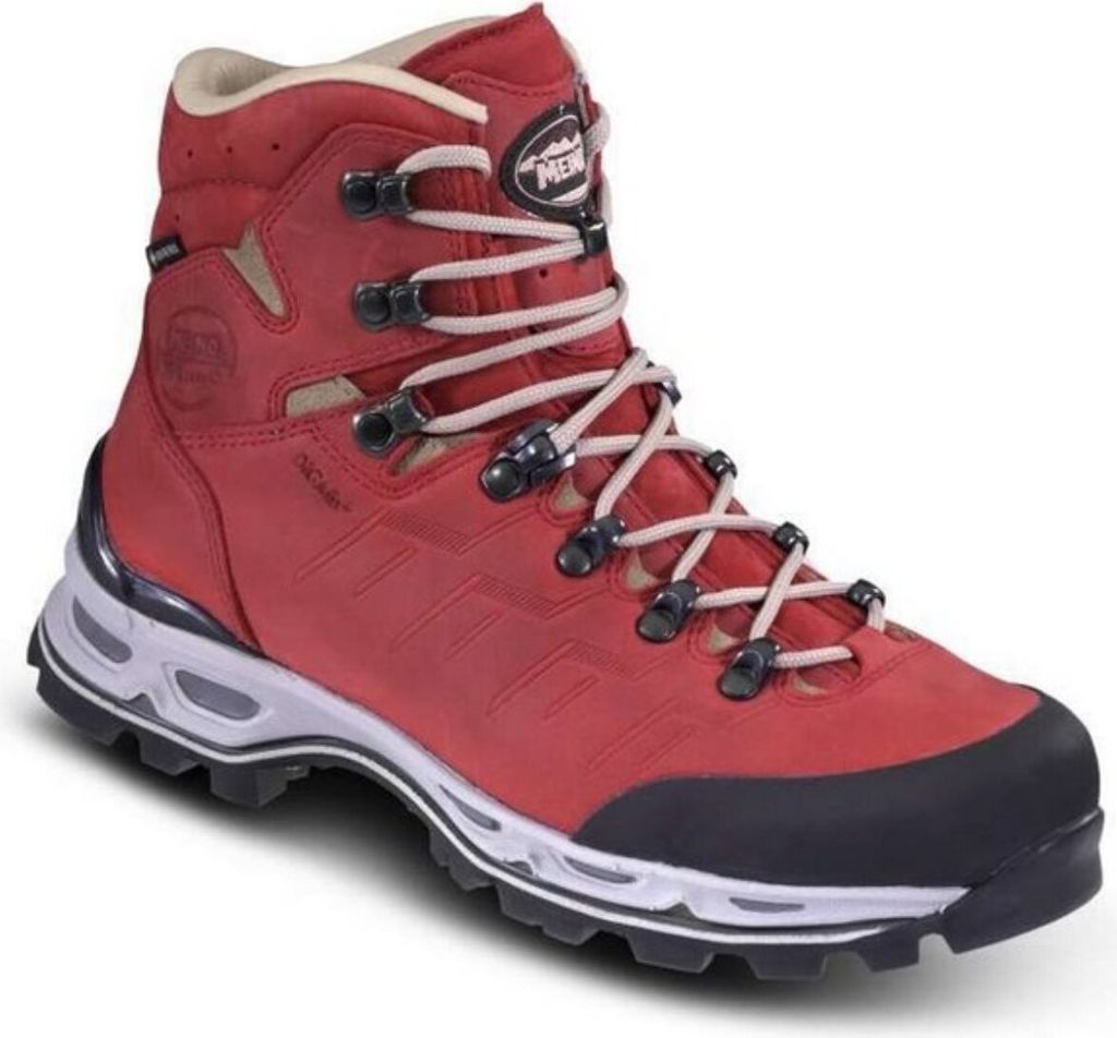 A single red hiking boot shown from a three-quarter side view against a white background.