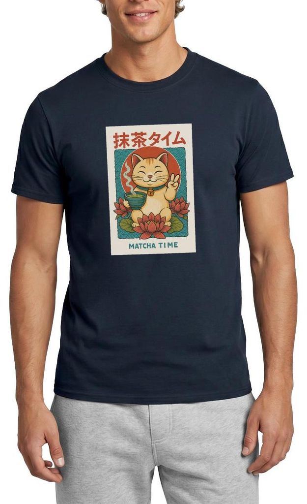 Spreadshirt Matcha Time | Katze Im Japan-Look Männer T-Shirt, L, Navy