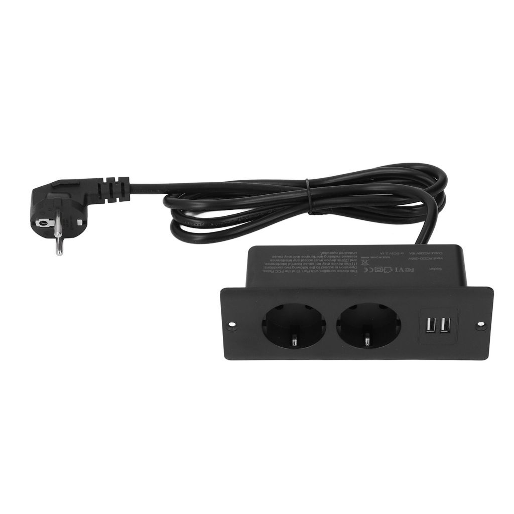 A black power strip with two European-style outlets and two USB ports, connected to a black power cord with a European plug.