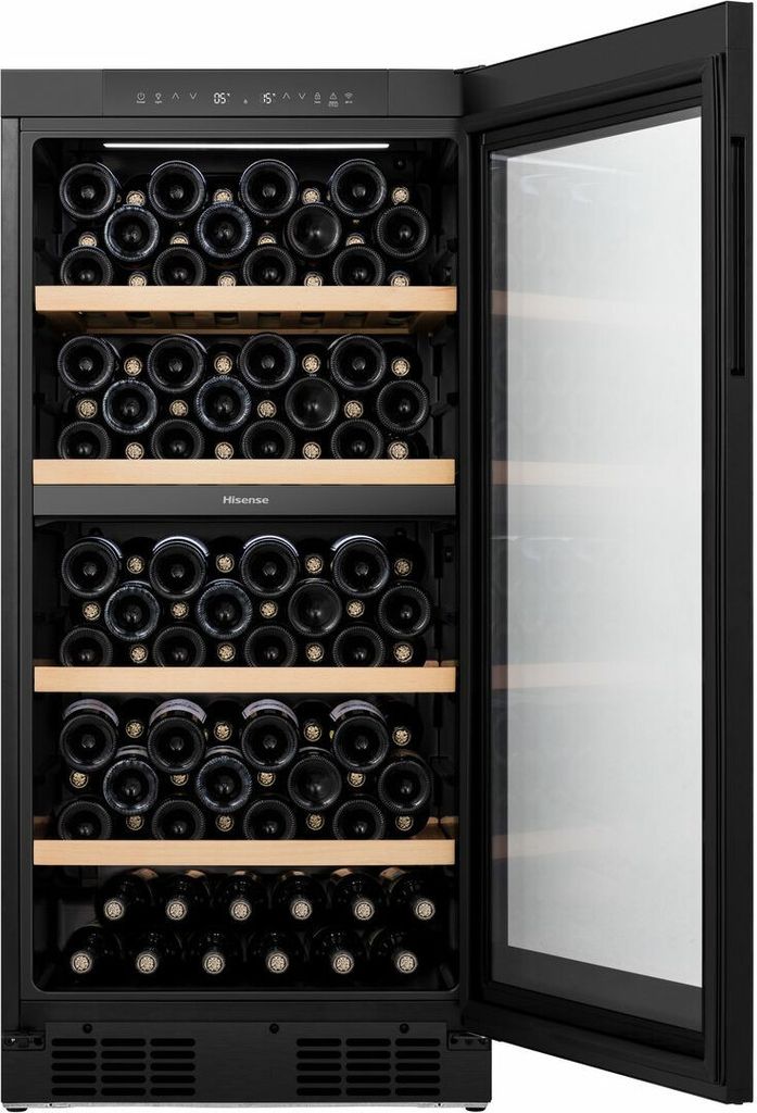 Hisense RW3N230GELF, Weinkühler mit Kompressor, Freistehend, 108 Flasche(n), F, Innenbeleuchtung, Schwarz