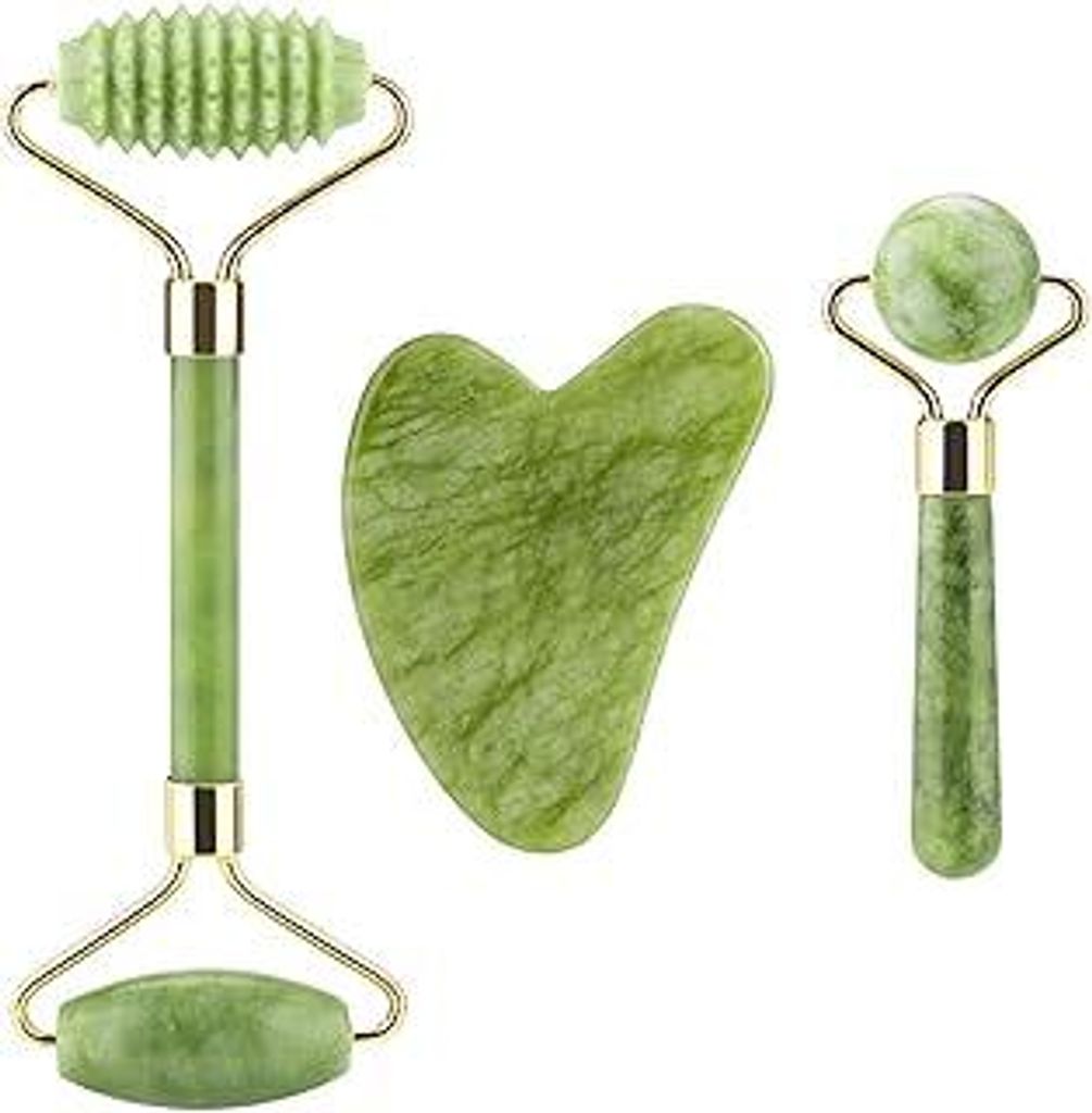 ILamourCar Gua sha Stein & Gesichtsroller Geschenkset, natürlicher Grüner Jade Roller Massageroller, Original Jade-Massagegerät & Gua Sha-Set f...
