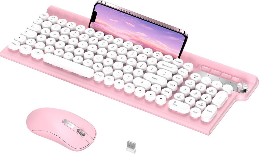 Tastatur Kabellos Schreibmaschine Tastatur Rosa Funktastatur mit Maus Retro Pink Wireless Keyboard Cute Tastatur Bunt für PC Mac Computer Laptop T...