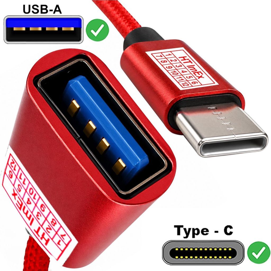 USB-C auf USB-A OTG-Adapter kabel Rot nylon 16cm für DELL, HP, Acer, Medion Laptop Notebook PC