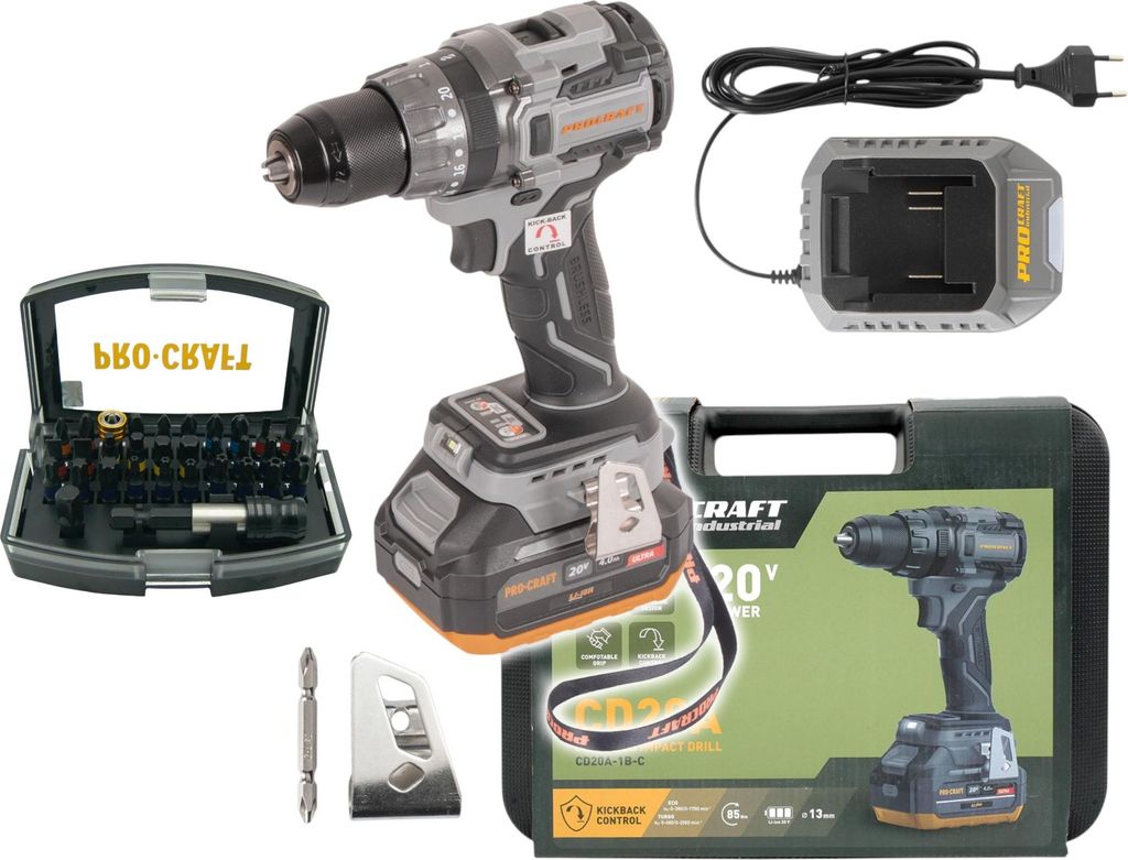 Procraft Industrial CD20A Akku Schlagbohrschrauber 20 V 85 Nm + 1x Akku 4,0 Ah + Ladegerät + 32 tlg. Bit Set + Koffer