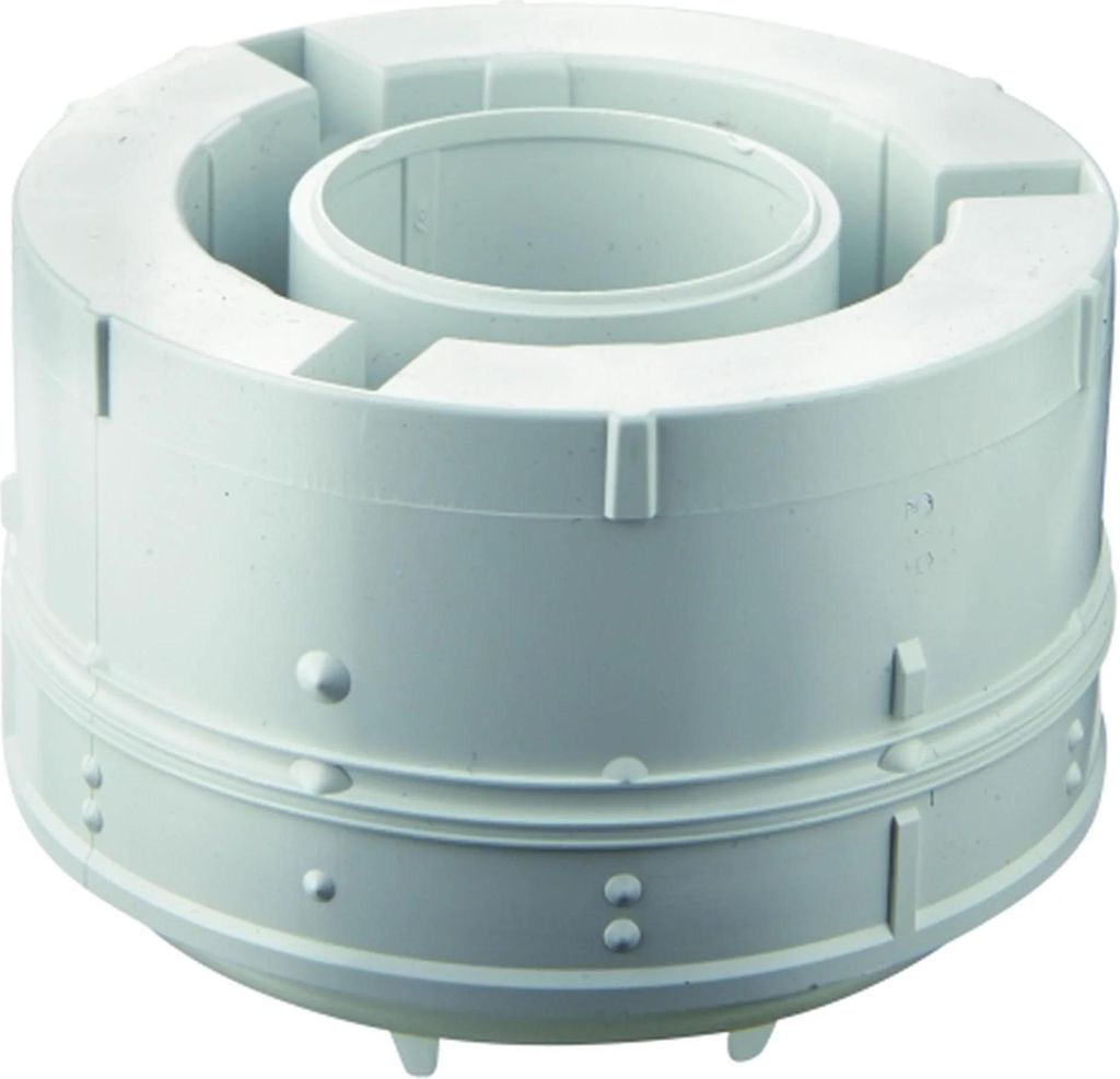 A white plastic plumbing component is shown against a white background.