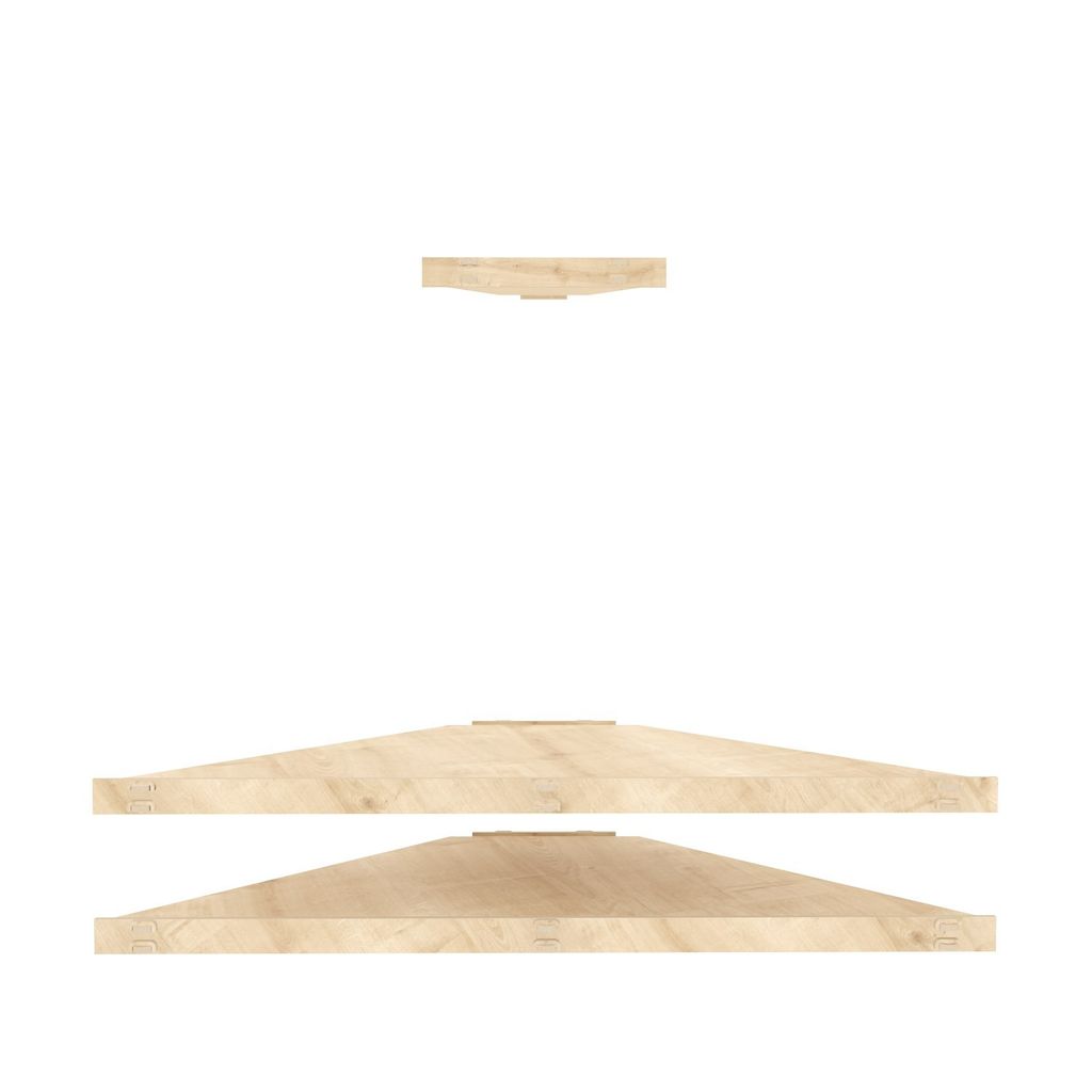 Three wooden shelves are shown against a white background.