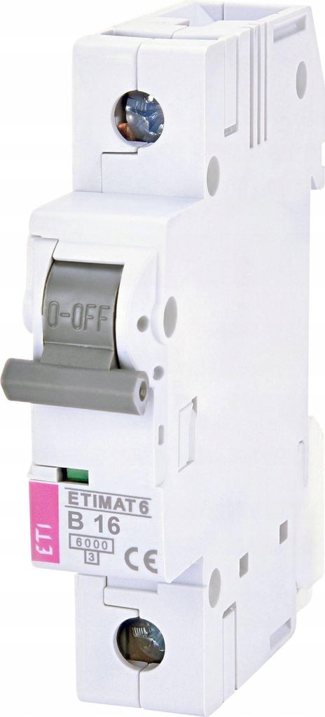 A close-up studio shot of a white electrical circuit breaker.