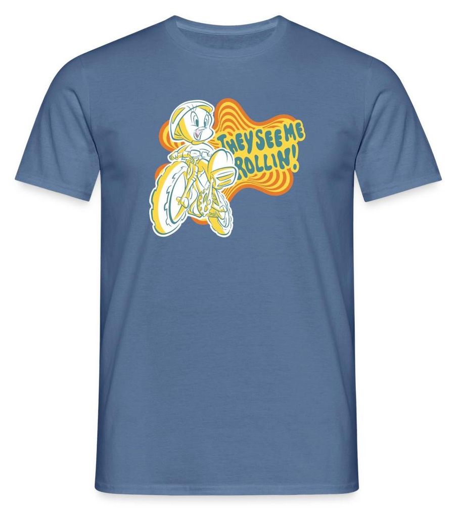Spreadshirt Looney Tunes They See Me Rollin' Tweety Fahrrad Männer T-Shirt, XXL, Taubenblau