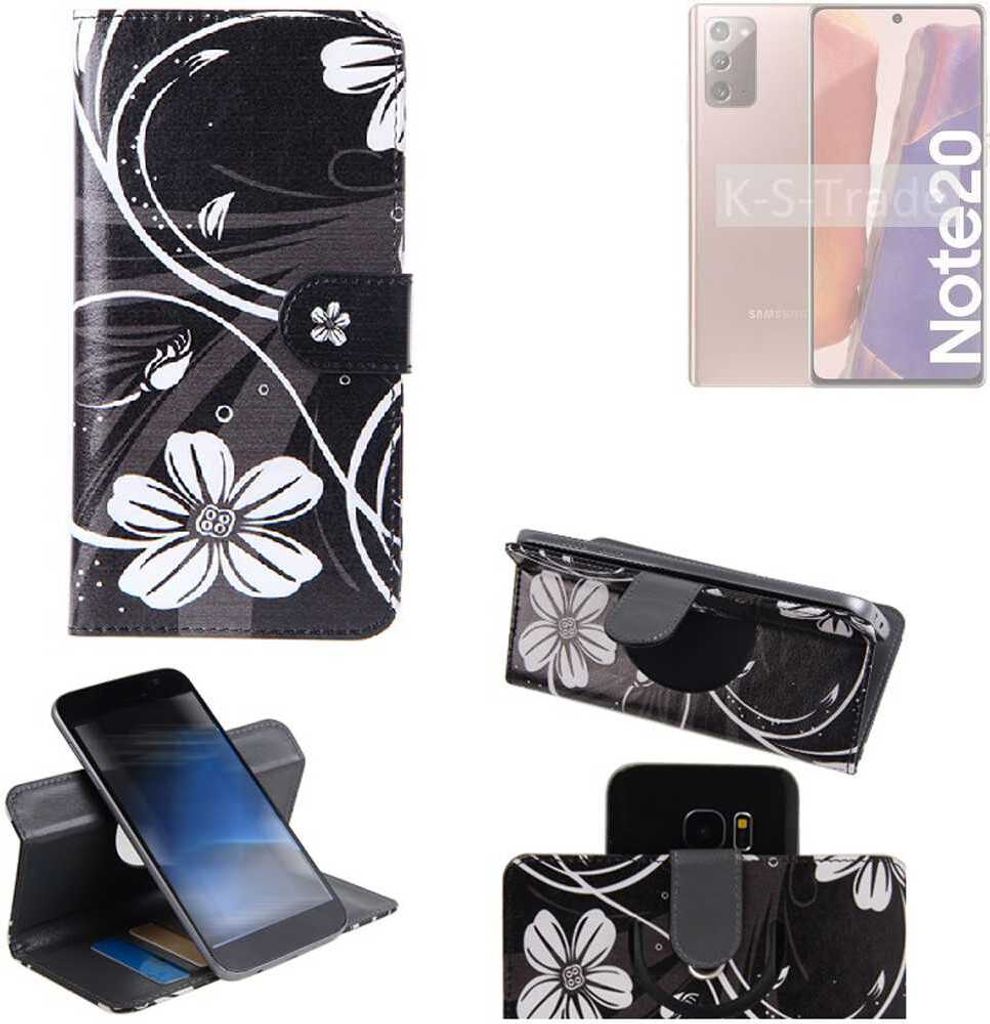 K-S-Trade Schutzhülle Handyhülle kompatibel mit Samsung Galaxy Note20 LTE Hülle 360° Wallet Case “Flowers“ Klapphülle Hülle schwarz-weiß 1x