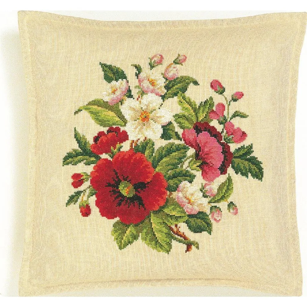 Décoration DIY Salon : Kit Broderie Point de Croix Coussin Coquelicot