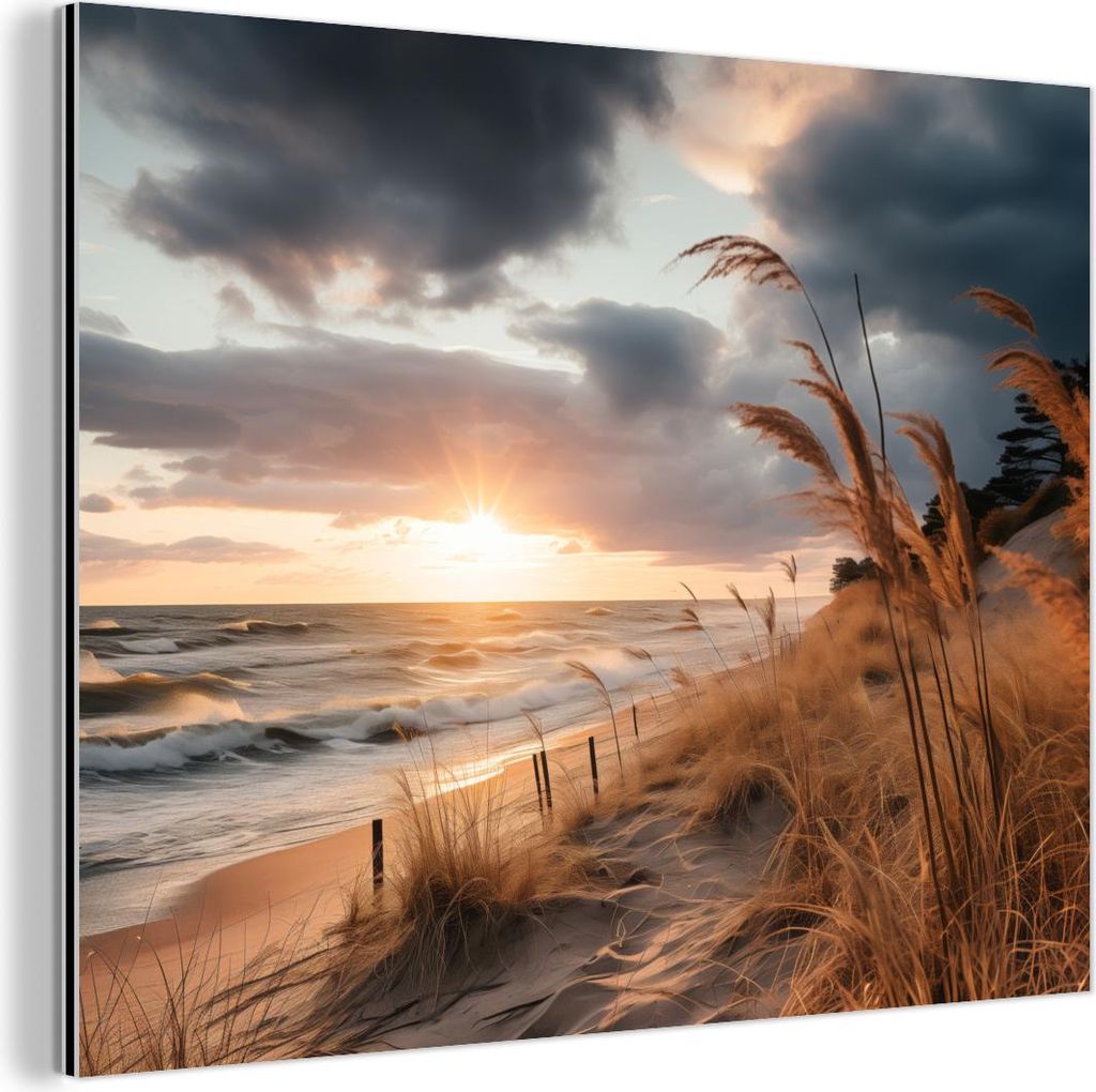MuchoWow Wanddekoration Metall Metallbild Wandkunst 80x60 cm Strand - Dünen - Meer - Sand - Hochgras MuchoWow Aluminium Gemälde - Alubild