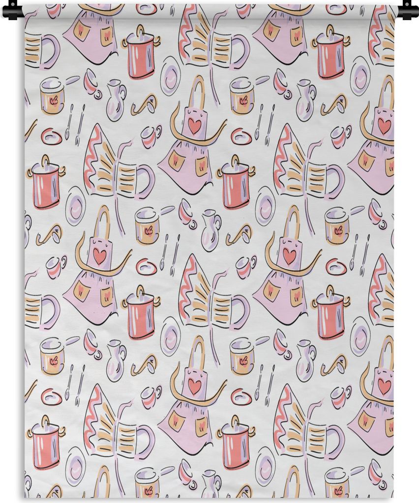 MuchoWow Wandteppich Wandbehang Schnittmuster - Küche - Schürze - Kochen - Pastell 120x160 cm Tapisserie Dekoration Wandtuch - Wohnzimmer - Mod...