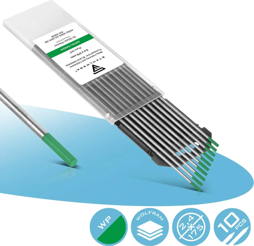 Électrodes de soudage TIG WP Vert 2,4 mm en tungstène pur - Lot de 10