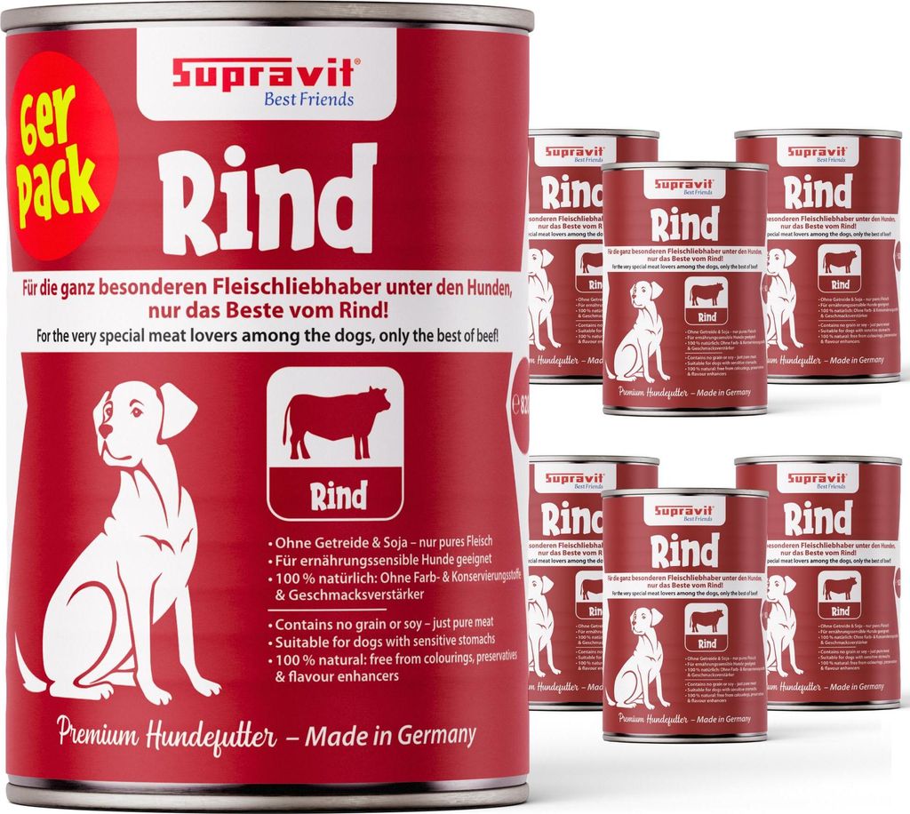 Supravit Hundenassfutter mit Rind 6 x 820g Dosen | Nassfutter getreidefrei mit hohem Fleischanteil für Hunde