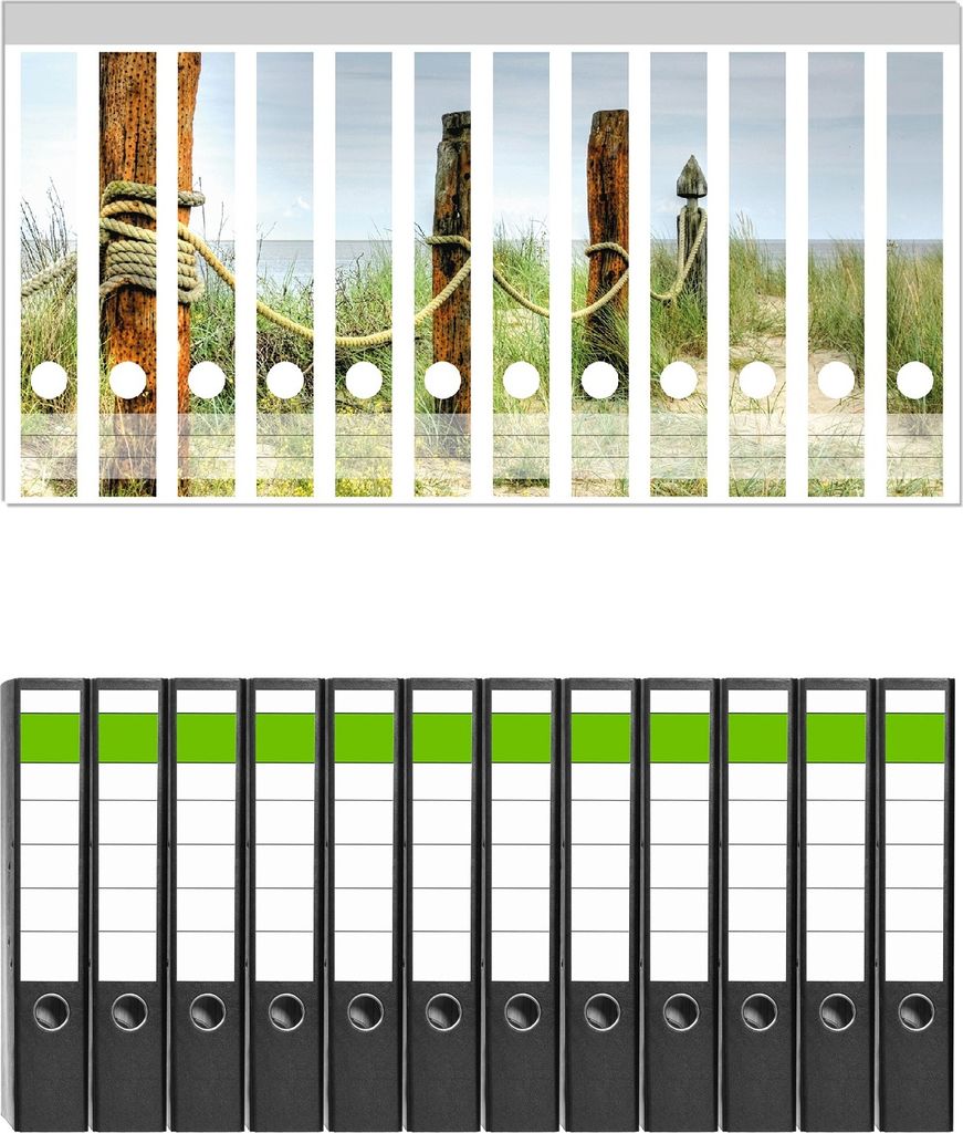 Wallario 12 Stück schmale Ordner inkl. Klebeetiketten mit Motive Düne am Strand mit Holzpfahl - Set mit Rückenschildern / Ordnerrücken Stickern