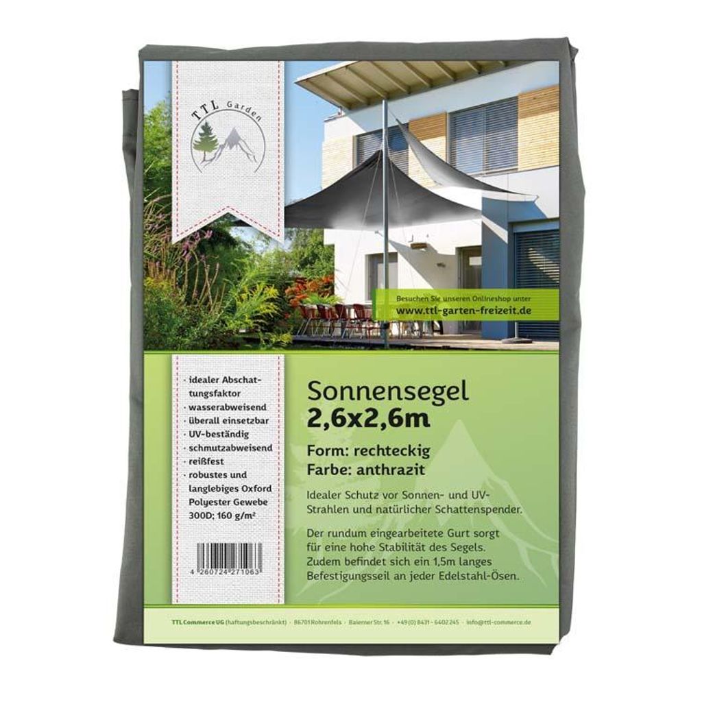 TTL GARDEN Sonnensegel 2,6x2,6m Quadrat anthrazit 300D UV Produktbild 