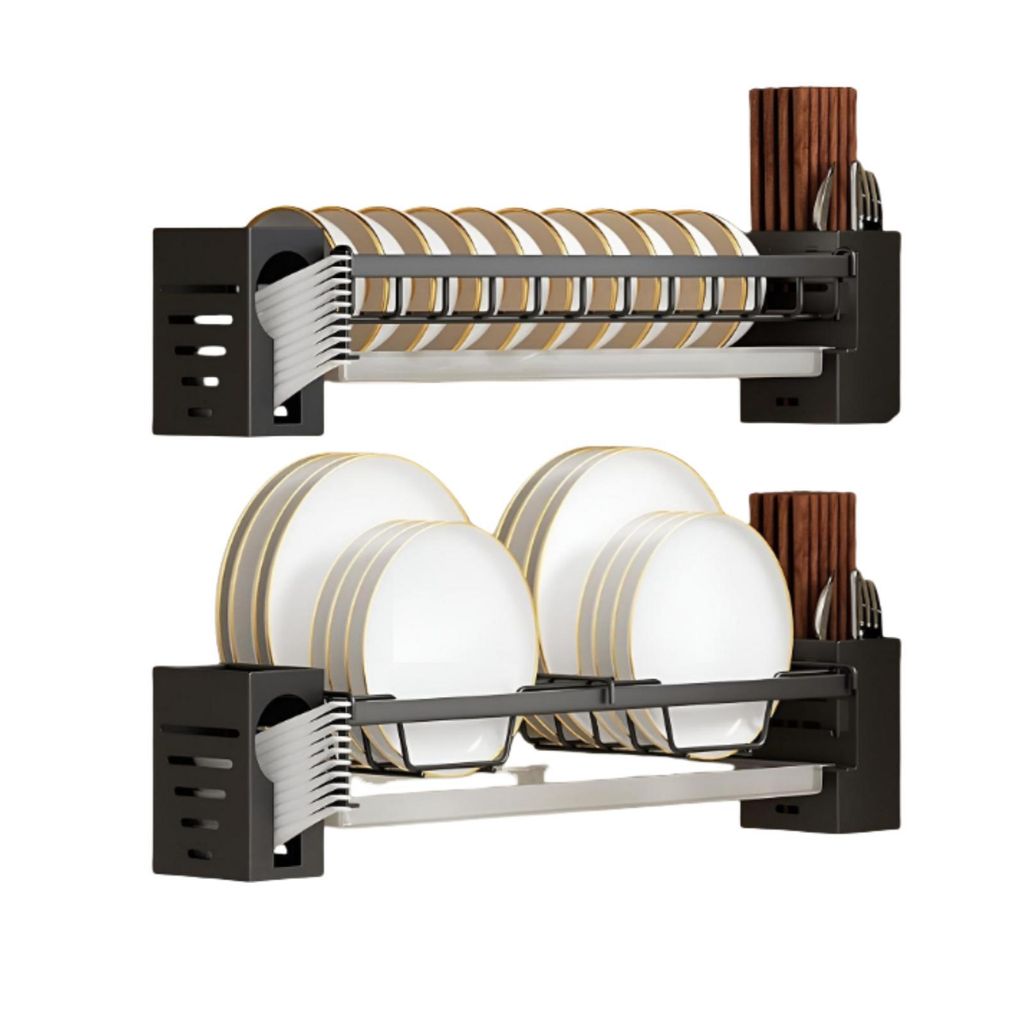FORSMANO Wandregal Küchenregal Set, Küchenregal aus Edelstahl, mit Abnehmbare Tropfschale, ohne Bohren, für 10 Teller & 8 Schalen, Schwarz