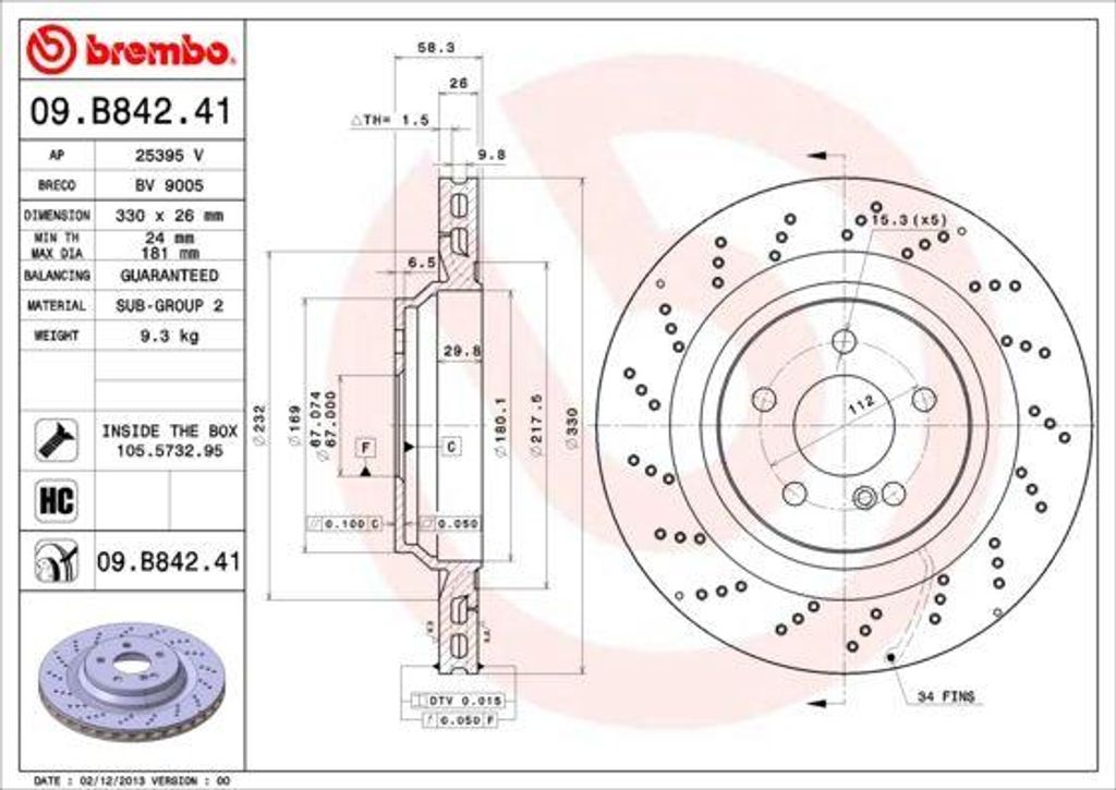 BREMBO 09.B842.41 Bremsscheibe OE 2304230912 kompatibel mit SL