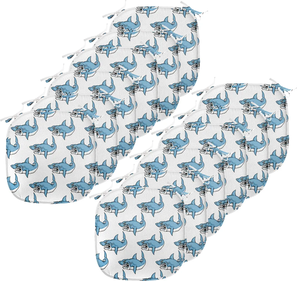 ABAKUHAUS Cuscini decorativi con motivi marini per sedie da sala da pranzo, Sea Fierce Wilde Shark, cuscini decorativi impermeabili con cinturini per sedie da cucina, 40 cm x 40 cm, confezione da 12, blu e bianco