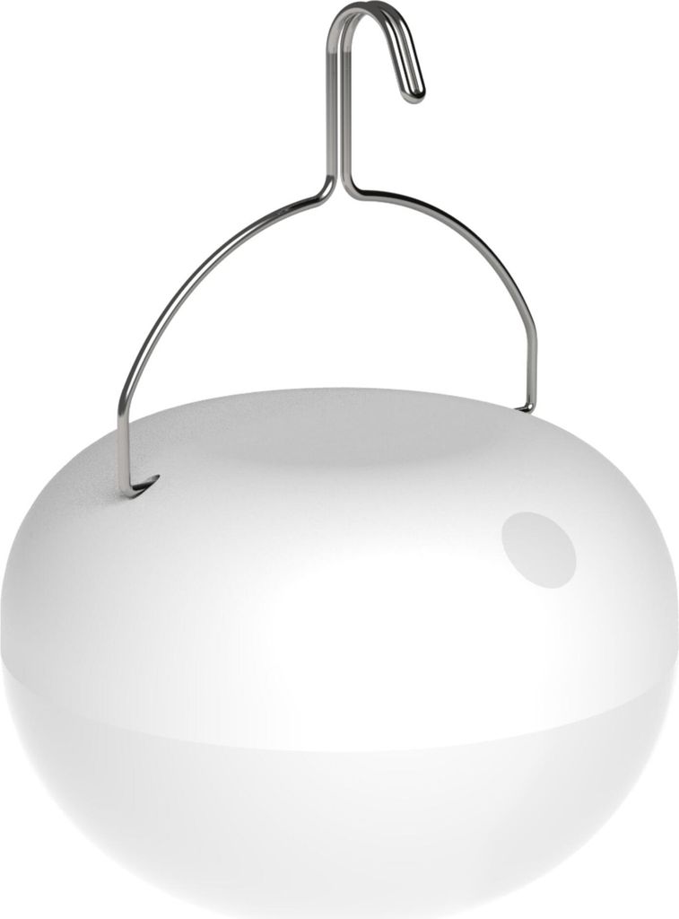 A white, spherical lantern with a metal hook for hanging, isolated on a white background.