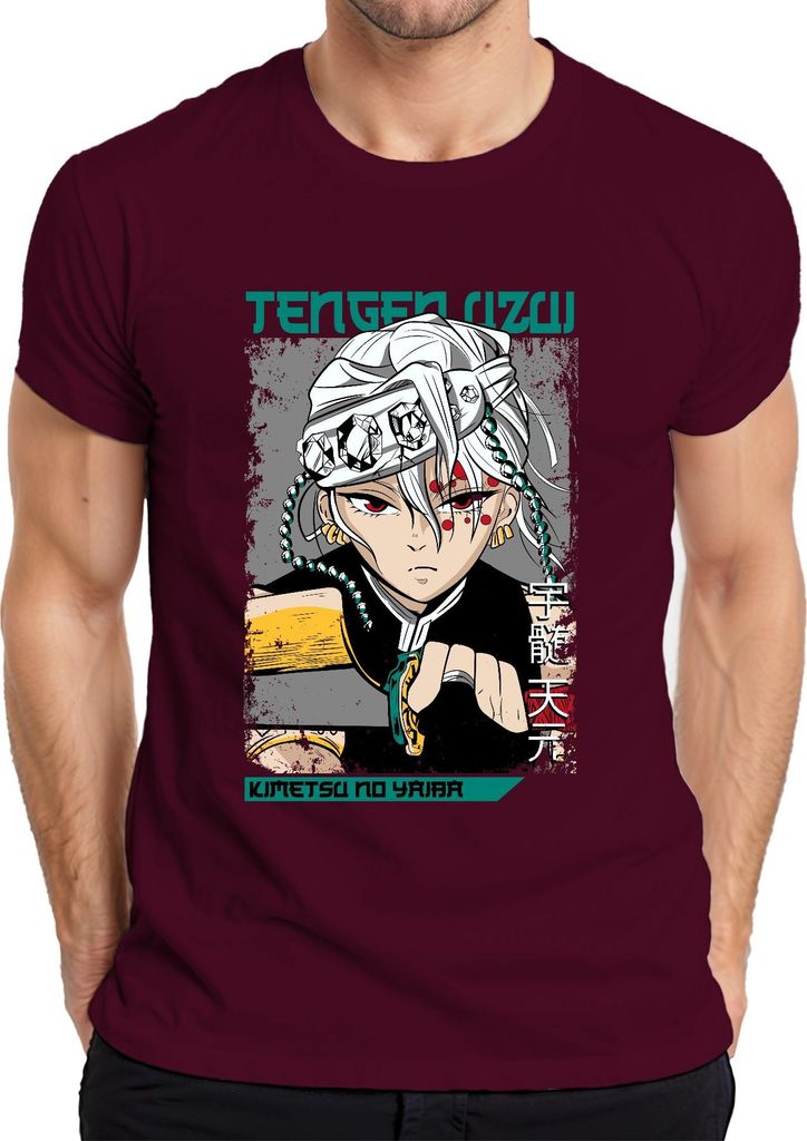 Tengen Uzui Kimetsu no Yaiba Sound Hashira Anime Geschenk Japan Y2K Streetwear Herren T-Shirt, Burgundy, L