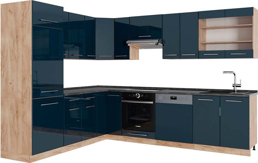 Eckküche Vicco Fame-Line Dunkelblau Hochglanz/Goldkraft Eiche 227 x 60 cm , AP Anthrazit, Model 49766
