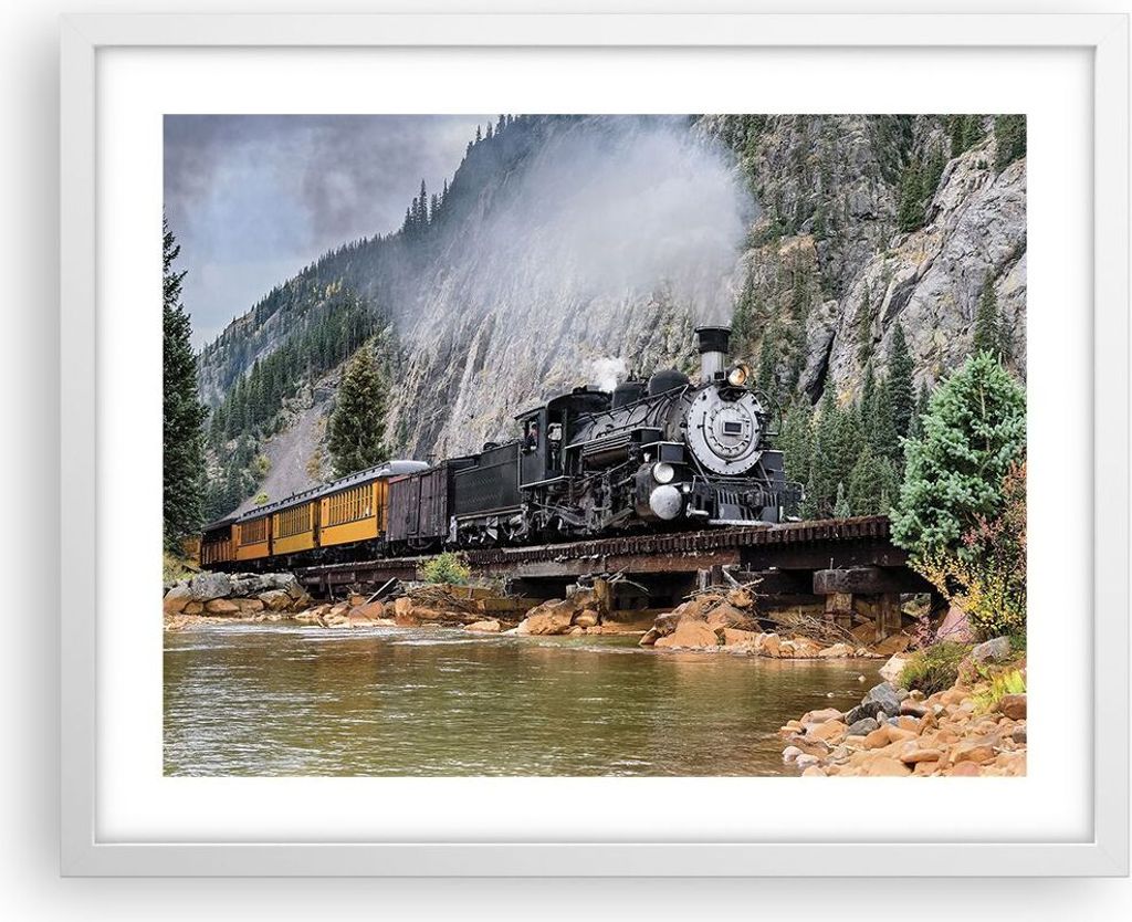Gerahmtes Poster - Weißer Rahmen - Alt Lokomotive Berge - 50x40 cm - Wand Bild - Wanddeko - Wandbilder - Kunstposter - Wandposter - Bilderrahmen -...