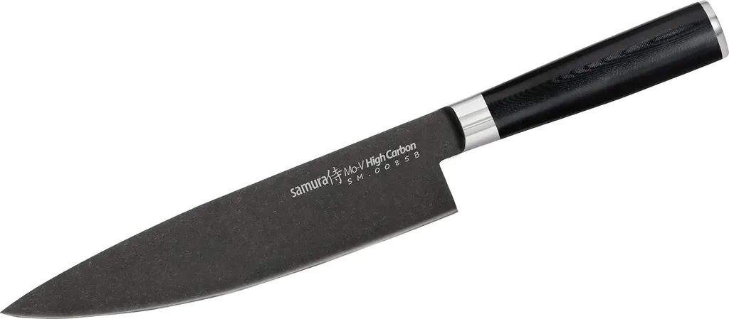 Coltello da cuoco professionale Samura MO-V Stonewash ultra-affilato, grande, in acciaio inossidabile giapponese AUS 8, lama da 20 cm, con manico in carbonio G10, coltello multiuso, spelucchino