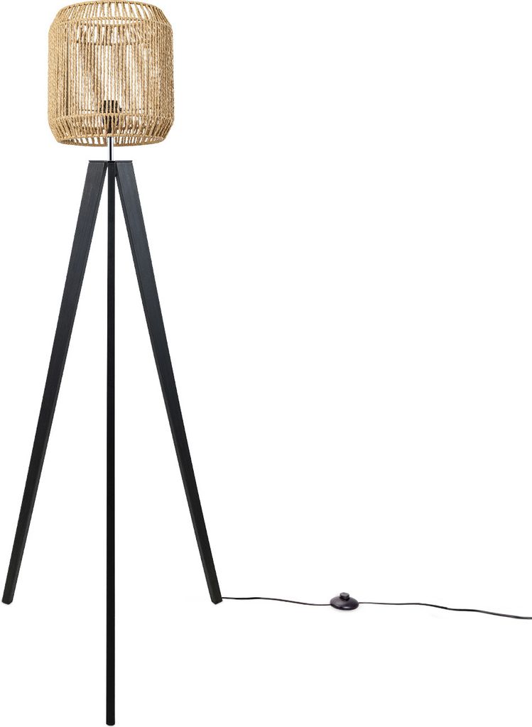 Stehlampe Modern Wohnzimmer Schlafzimmer Rattan Optik Boho Korb Stehleuchte E27 Lampenschirm Natur (Ø28 cm) Lampenfuß Stehleuchte Schwarz