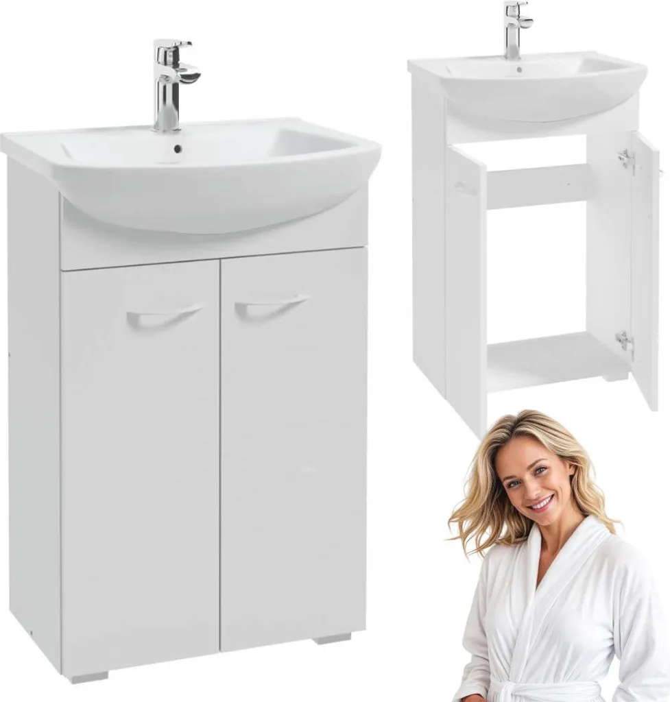 Meuble de salle de bains blanc double porte HERA D55 avec vasque