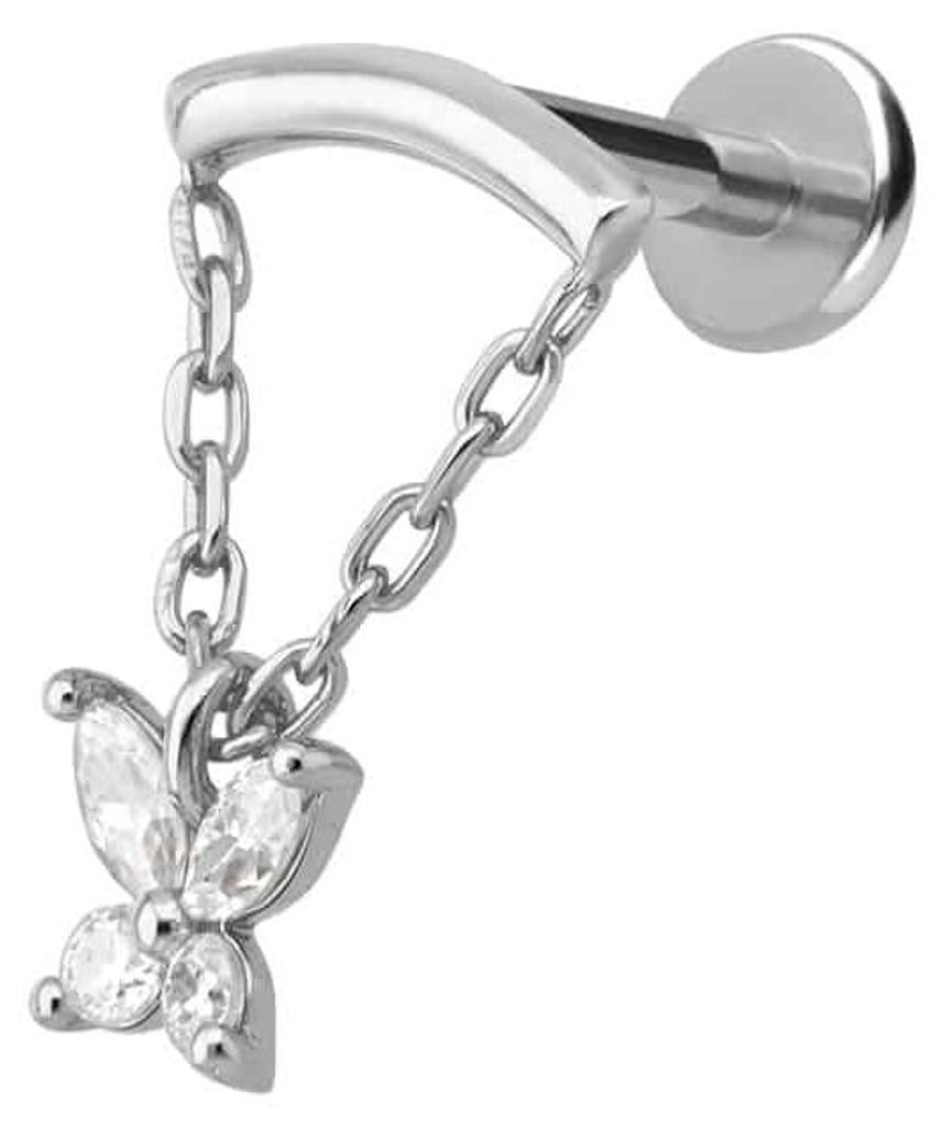 Ohrpiercing, Nasenpiercing Titan Labret mit Innengewinde + 925er Silber Aufsatz MOISSANIT-SCHMETTERLING+ BOGEN + KETTE WeißGold Stablänge: 8mm | ...