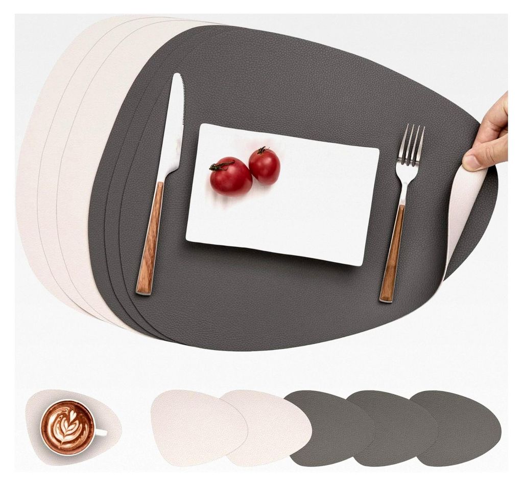 Tischsets aus Leder und Untersetzer, abwaschbare runde Platzdeckchen aus Kunstleder, rutschfest (Grau Beige, Set von 6)