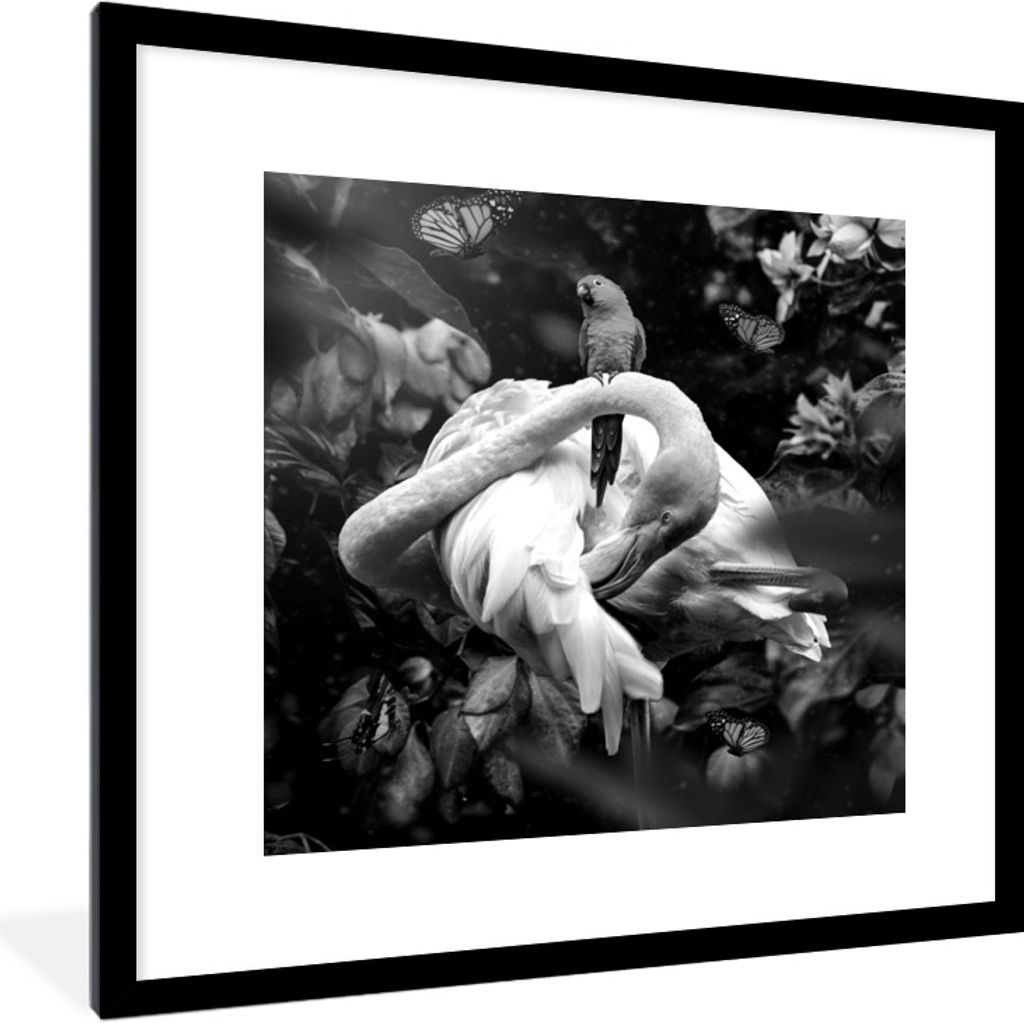 MuchoWow Gerahmtes Poster Flamingo - Schmetterlinge - Dschungel - Schwarz - Weiß 40x40 cm - Poster mit Schwarzem Bilderrahmen Wandposter Rahmen ...
