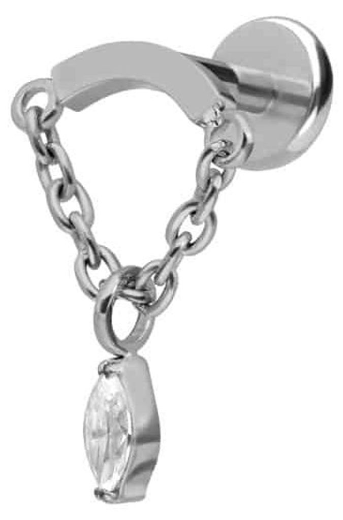 Ohrpiercing, Nasenpiercing Titan Labret mit Push Fit BOGEN + KETTE + KRISTALLTROPFEN Silber Stablänge: 5mm | Stabstärke: 1mm | Discgröße: 10 x ...