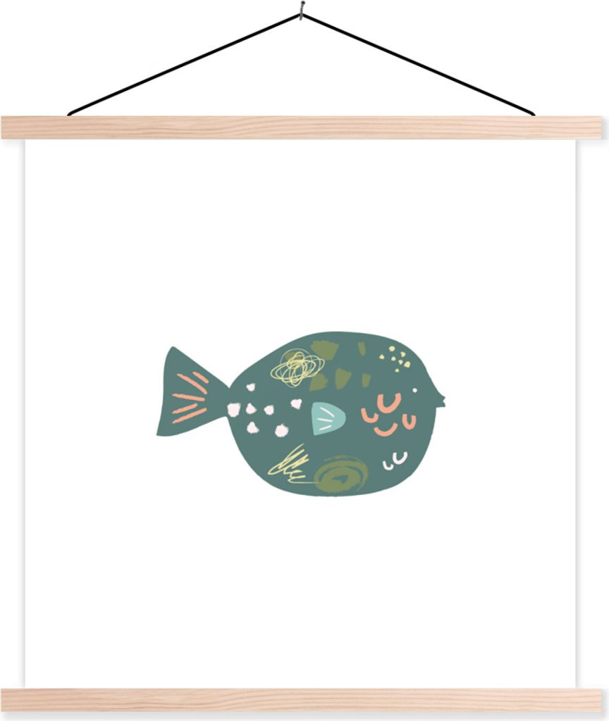 MuchoWow Textilposter Pastell - Grün - Fisch 120x120 cm mit holzfarbenen Rahmen - Textil-Poster