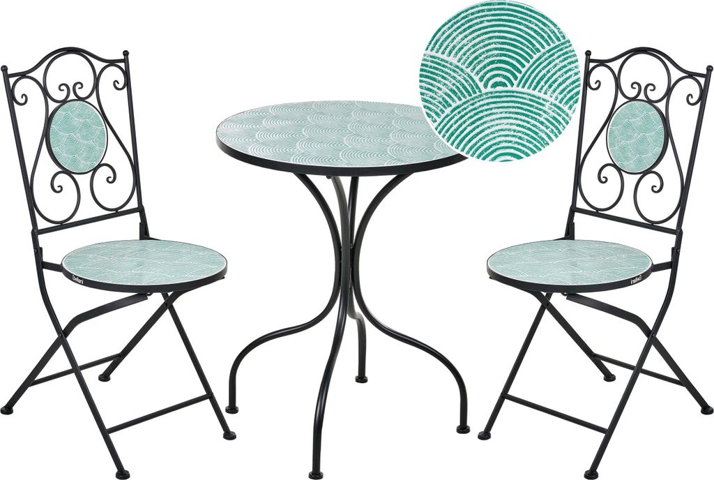 BELIANI Bistro Set Schwarz Eisen Metall Wellenmuster Vintage Stil Klappbar Gartenstühle und Gartentisch Balkon Set Outdoor Garten Terrasse