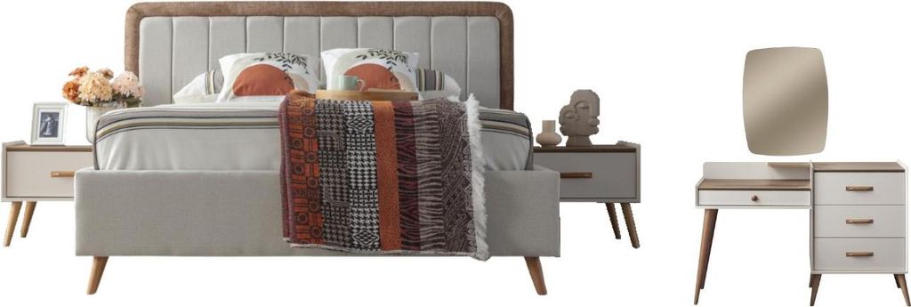 Schlafzimmer Set Giza Holzwerkstoff Spiegelglas Stoff Beige Weiß, Set:Typ-2
