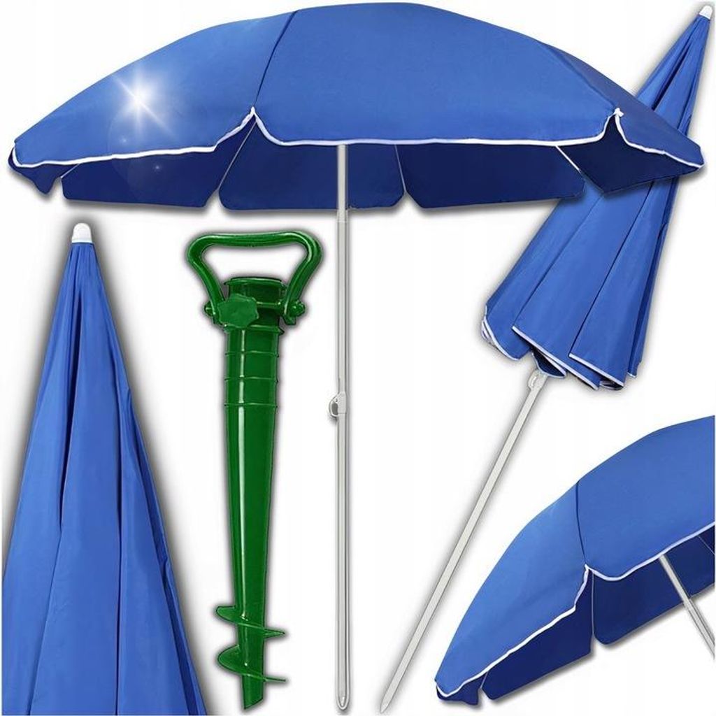 Strand Sonnenschirm 180 Cm Klappbar Hoehenverstellbar Garten Camping Blau Mit Schirmstaender Sandbohrer 39 Cm